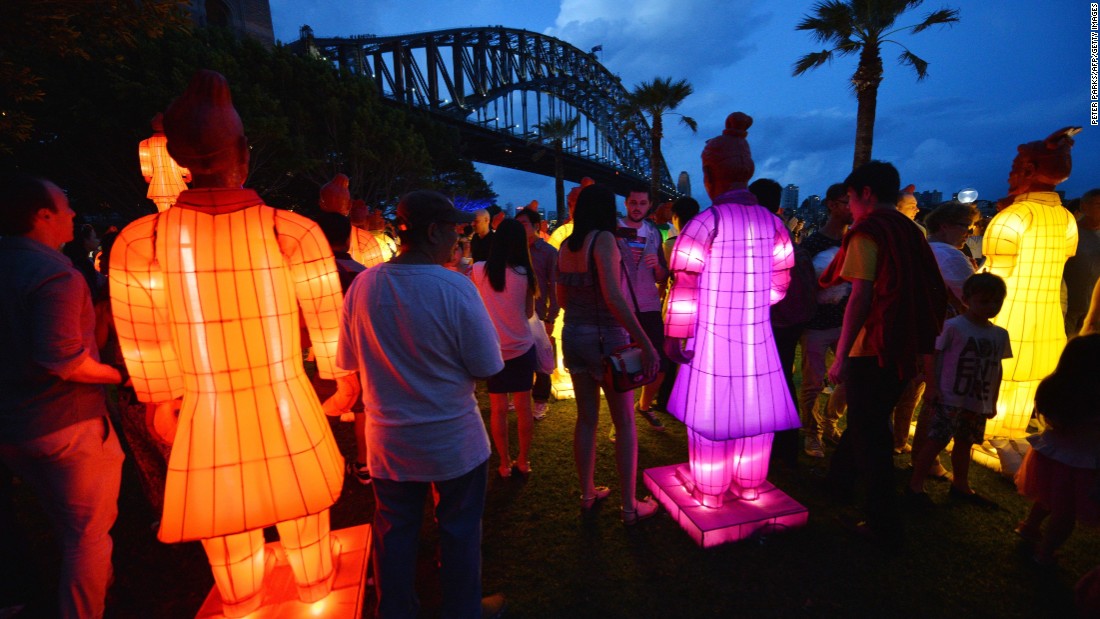 Visitors look at lanterns in the shape of the Chinese Terracotta Warriors at Sydney Harbor on February 13. The artwork, created for the Beijing Olympic Games in 2008 by a team of Chinese artists, is on display for the first time in Australia to launch the Australian celebrations of the Lunar New Year.