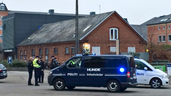 Emergency services gather outside a venue after shots were fired where an event titled "Art, blasphemy and the freedom of expression" was being held in Copenhagen, Saturday, February 14. D