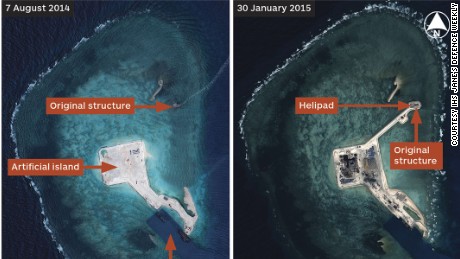 Satellite imagery from 30 March, 7 August 2014 and 30 January 2015 shows the extent of Chinese progress in building an island at Gaven Reefs in the Spratly Islands. 