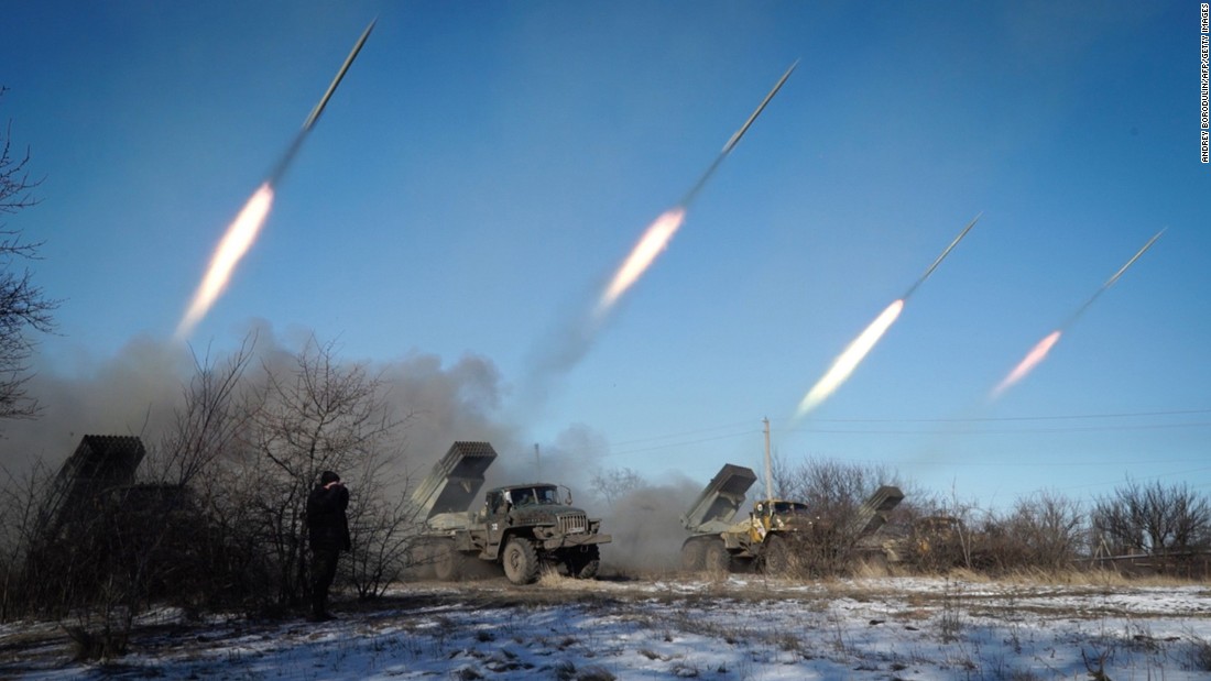 Pro-Russian rebels stationed in Horlivka launch missiles on Wednesday, February 18. 