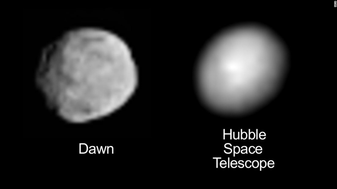 This image compares an image of Vesta taken by Dawn as it moved in on the protoplanet with one taken by the Hubble Space Telescope. Before the Dawn mission, the Hubble image was the best available. 