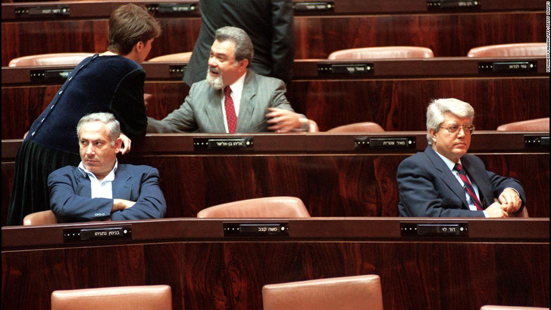 Netanyahu and former foreign minister David Levy sit in the Knesset, Israel&#39;s parliament, during the vote for a new Israeli President on March 24, 1993.