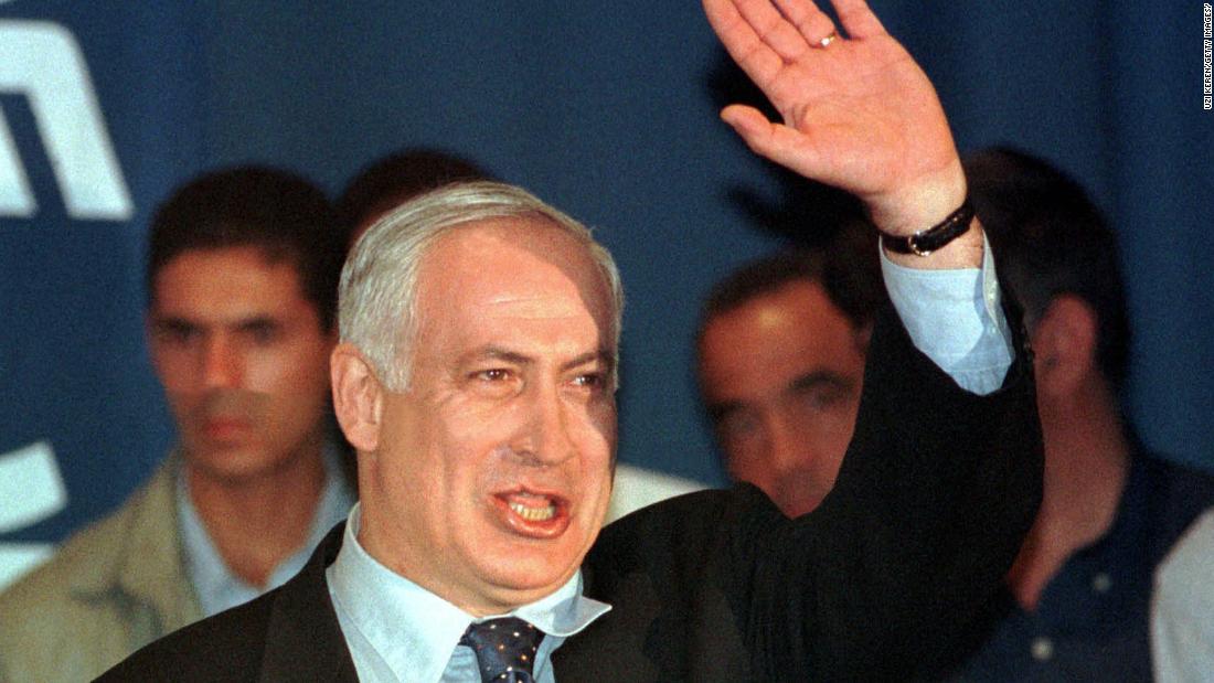 Netanyahu thanks a crowd of supporters at a Likud party meeting in Tel Aviv, Israel, in May 1999. The outgoing Prime Minister announced that he was quitting the Knesset and stepping down as party leader 10 days after being defeated in elections.