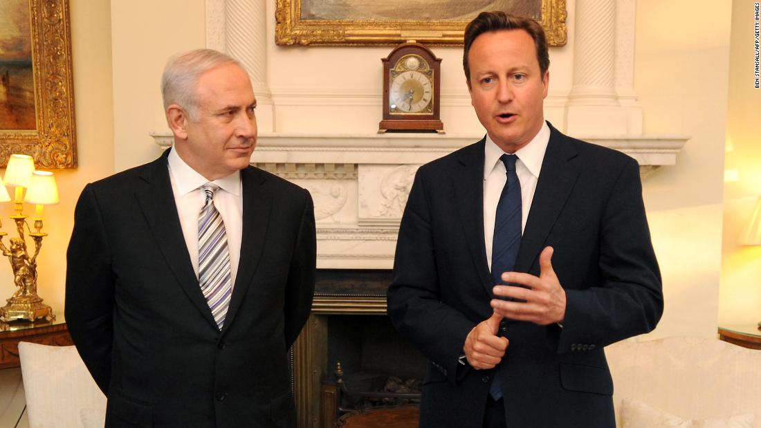 British Prime Minister David Cameron welcomes Netanyahu to No. 10 Downing Street in London in May 2011.