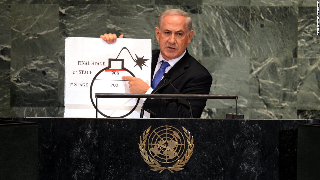 Netanyahu uses a diagram of a bomb to describe Iran&#39;s nuclear program while delivering an address to the UN General Assembly in September 2012. Netanyahu exhorted the General Assembly to draw &quot;a clear red line&quot; to stop Iran from developing nuclear weapons.