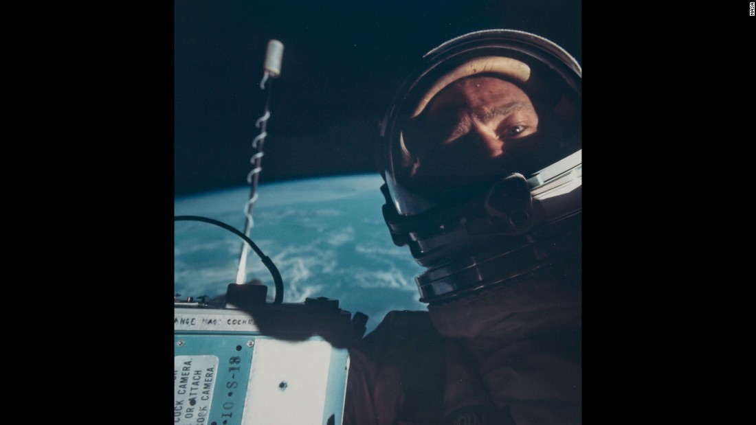 Buzz Aldrin takes the first selfie in space during the Gemini 12 mission in November 1966.