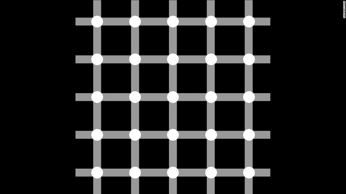 As you scan over this image, do you see gray or black dots? It&#39;s called a scintillating grid illusion, made by superimposing white discs on the intersections of gray bars against a black background. Dark dots seem to appear and disappear rapidly at the intersections, although if you stare directly at a single intersection, the dark dot does not appear. 