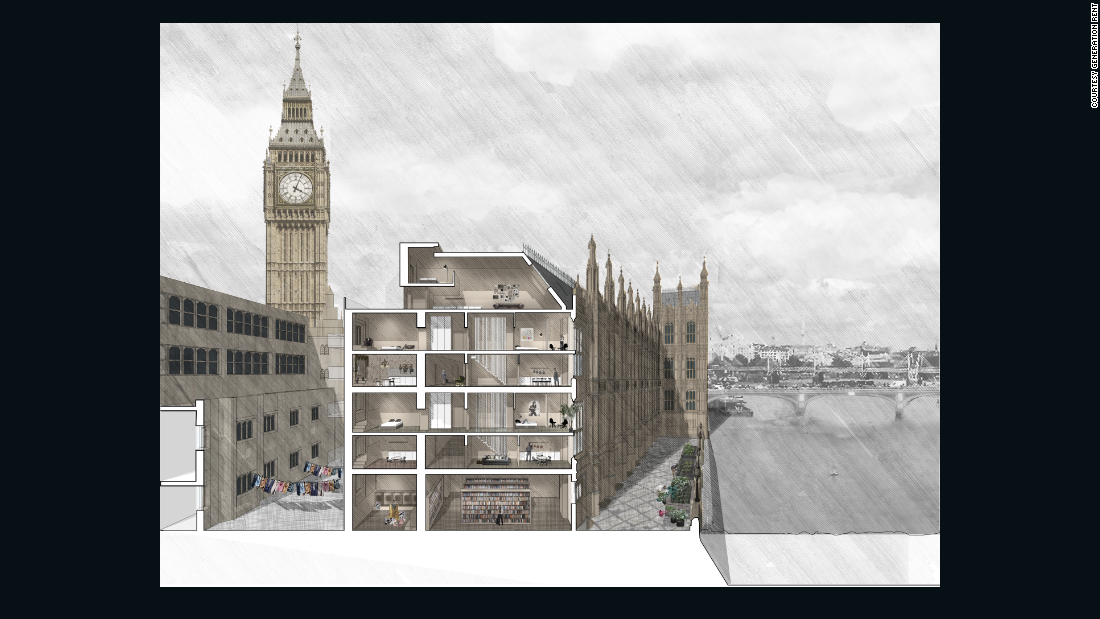 An artist&#39;s rendering of the UK Houses of Parliament in Westminster, London, transformed to accommodate social housing units.