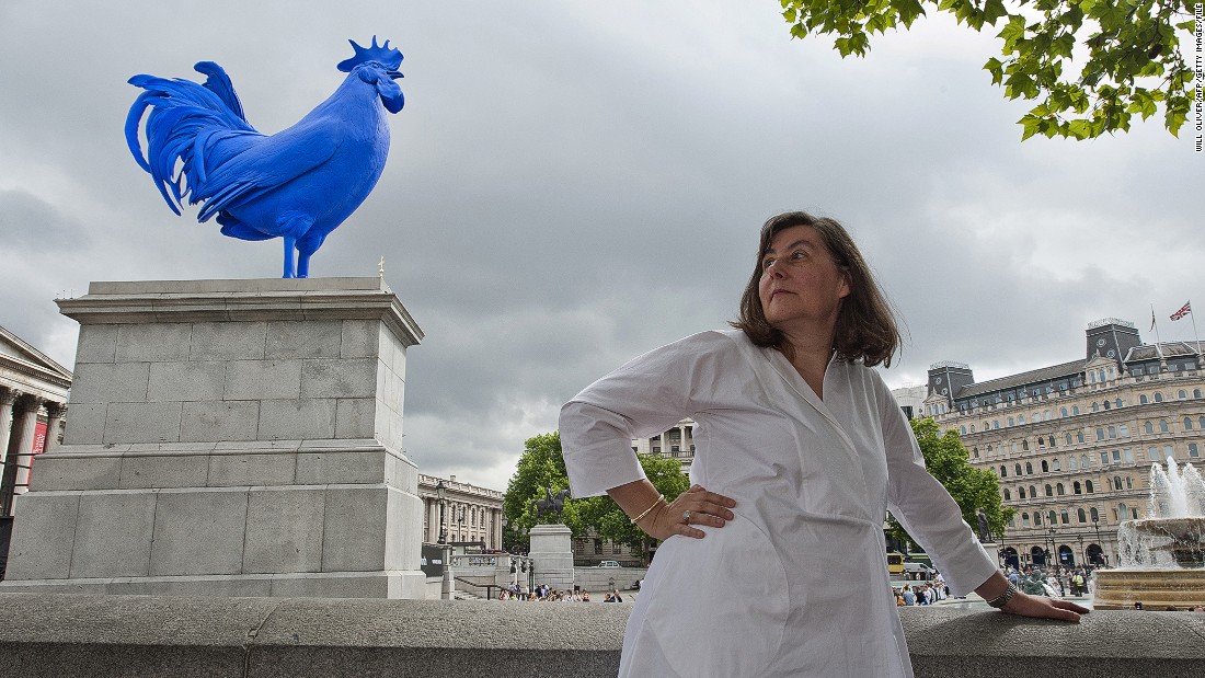 German artist Katharina Fritsch poses on front of her sculpture Hahn/Cock. The striking work was unveiled in July 2013.
