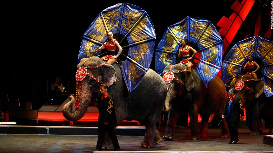 Performers ride elephants during a show in New York in April 2007.