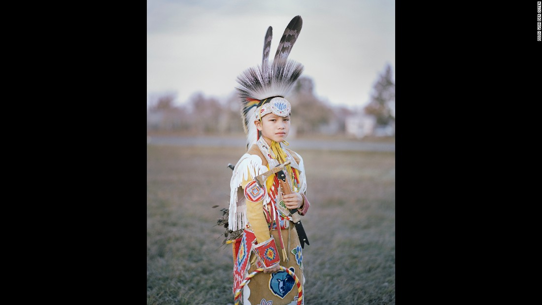 A young boy named Stephen is dressed up during the Veterans Powwow at Montana&#39;s Fort Belknap Indian Reservation.