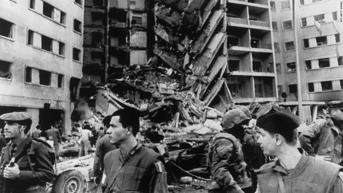 A truck loaded with explosives was rammed into the entrance of the U.S. Embassy in Beirut, Lebanon, in April 1983. While 44 people inside the embassy survived the blast, including U.S. ambassador Robert Dillon, several dozen did not.