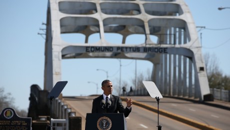 President Barack Obama speaks in front of the Edmund Pettus Bridge on March 7, 2015, in Selma, Alabama. 