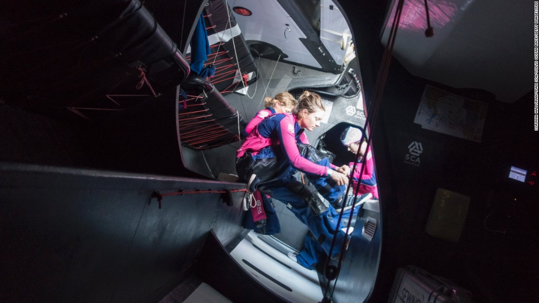 Peering inside the lower deck of Team SCA&#39;s boat, is a bit like gazing upon a space shuttle -- objects need to be secured at all times.