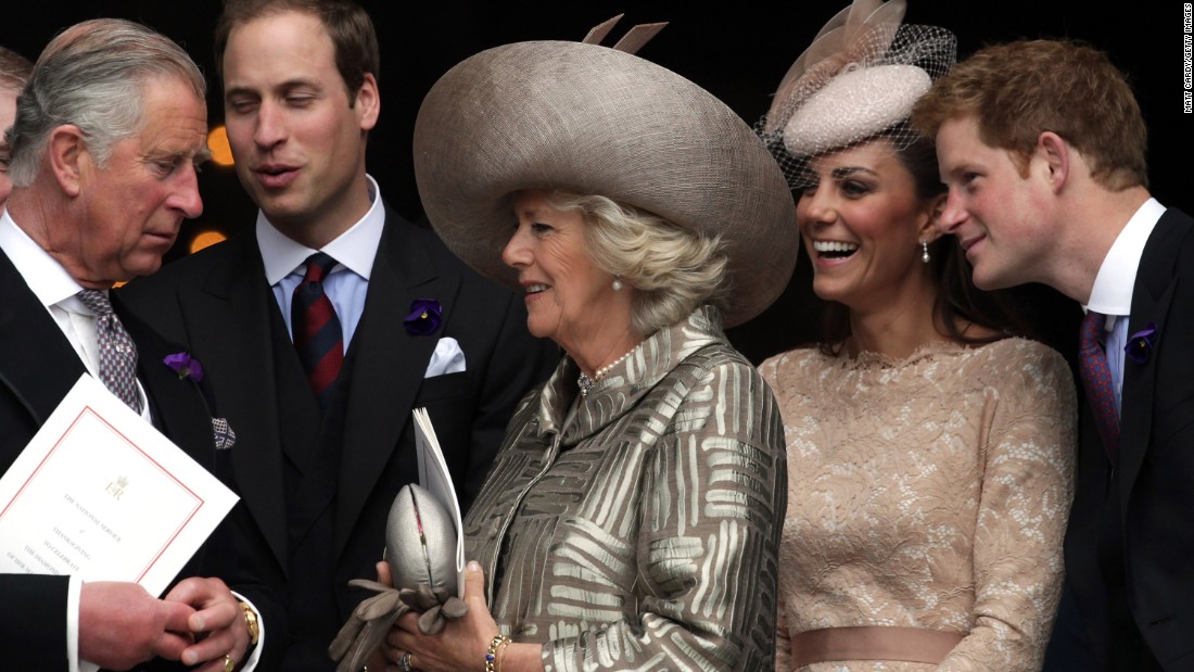 From left, Charles, Prince William, Camilla, Duchess Catherine and Prince Harry leave a Thanksgiving service in London in June 2012.