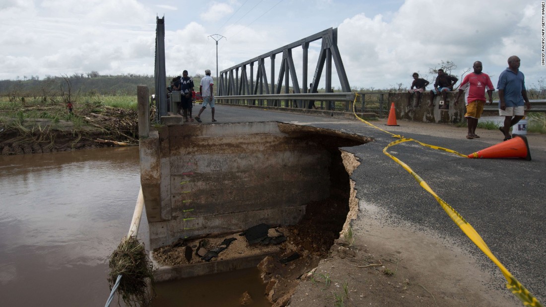 A bridge and road that suffered dramatic damage from Cyclone Pam are seen outside Port Vila, the capital of Vanuatu, on Sunday, March 15.