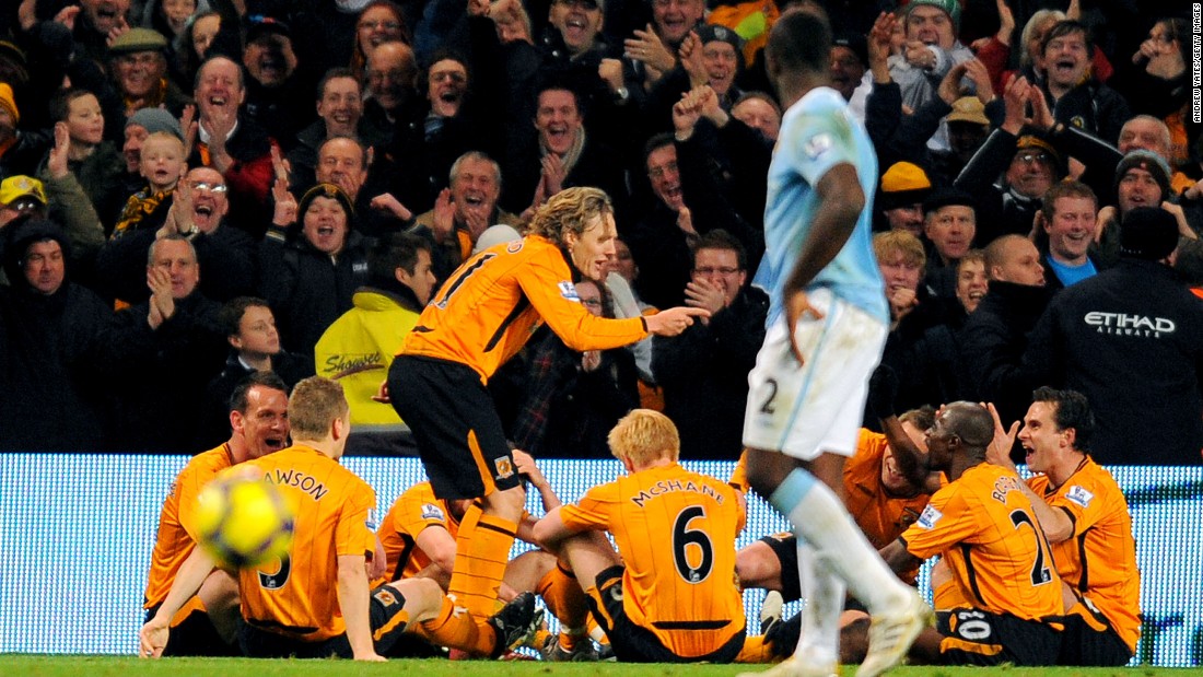 Managers often seem to be the butt of witty goal celebrations japes.&lt;br /&gt;&lt;br /&gt;Here, Jimmy Bullard of Hull City mockingly tells off his teammates after scoring a penalty against Manchester City in 2009. &lt;br /&gt;&lt;br /&gt;The midfielder was making light of then Hull manager Phil Brown who, a season before, had been so unimpressed by his side&#39;s first half display at the City of Manchester stadium that he carried out his furious halftime team talk on the pitch in full view of fans and cameras.