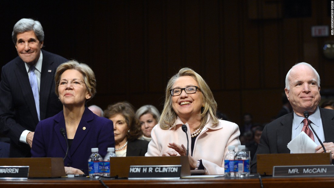 (Left to right): John Kerry, Warren, then-Secretary of State Hillary Clinton and Sen. John McCain, are seated at Kerry&#39;s State Department confirmation hearings on Capitol Hill on January 24, 2013.
