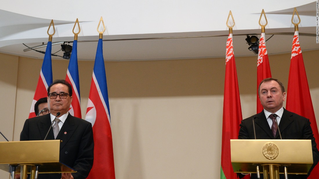 North Korean Foreign Minister Ri Su Yong stopped in Belarus last week. At a meeting in Minsk, Belarus and North Korean officials discussed the UN and the principles of non-interference, according to North Korean state media, KCNA. Ri is seen with Belarus Foreign Minister Vladimir Makei on March 9, 2015. 