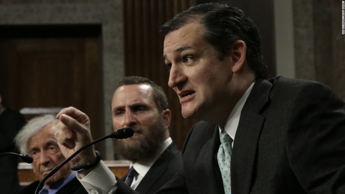 Nobel Peace Laureate Elie Wiesel (left) listens as Cruz (right) speaks during a roundtable discussion on Capitol Hill March 2, 2015 in Washington, D.C. Wiesel, Cruz and Rabbi Scmuley Boteach (center) participated in a discussion entitled &#39;The Meaning of Never Again: Guarding Against a Nuclear Iran.&#39;