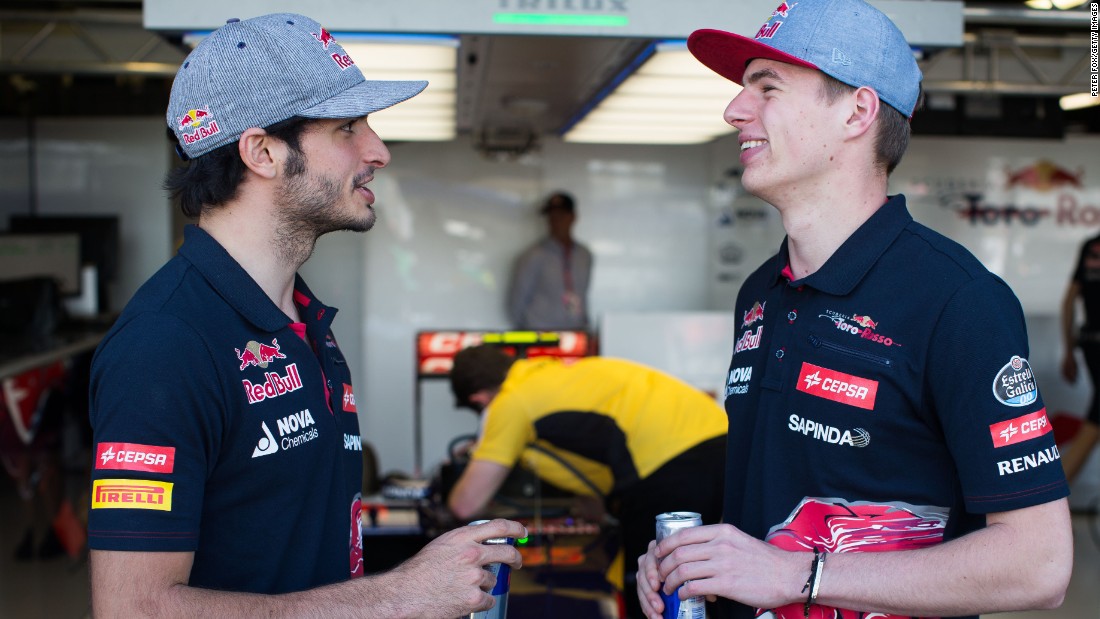 Verstappen made his F1 debut in 2015 at Toro Rosso alongside Carlos Sainz (left) but it was the Dutch driver who was sensationally promoted to Red Bull just 10 days before the Spanish Grand Prix in 2016.
