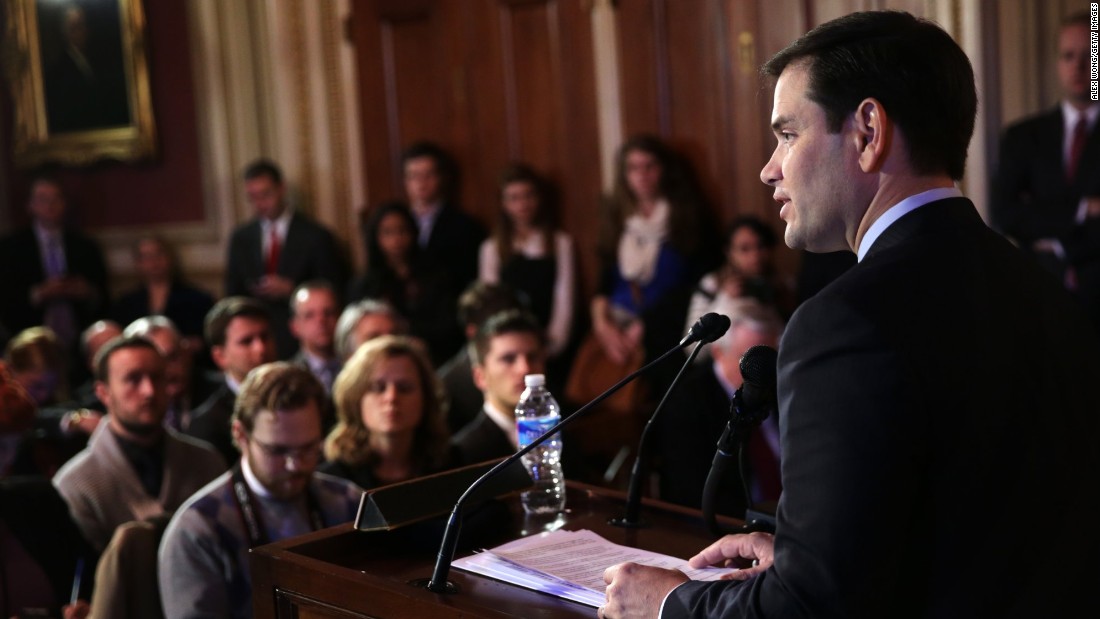 Rubio addresses an event held by the American Enterprise Institute for Public Policy Research in January 2014.