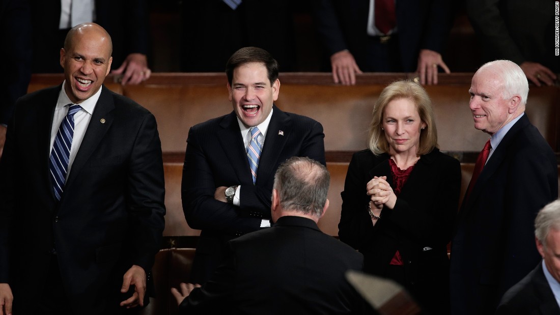 From left, Sens. Cory Booker, Rubio, Kristen Gillibrand and John McCain wait for Obama to deliver the State of the Union address in January 2014.