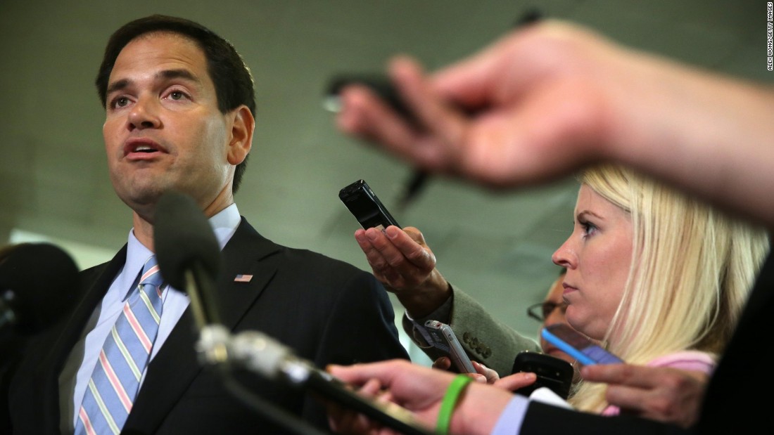 Rubio talks to reporters in June after a closed door briefing on Capitol Hill.