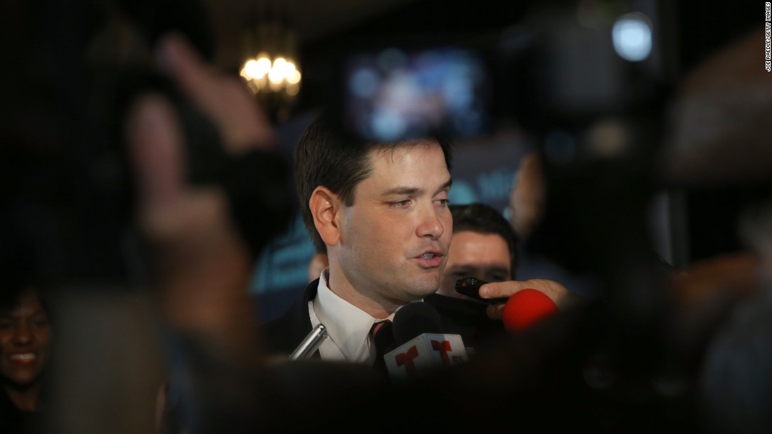 Rubio speaks with the media after delivering remarks during the graduation of small business owners from the Goldman Sachs 10,000 Small Businesses program held in Miami in February.