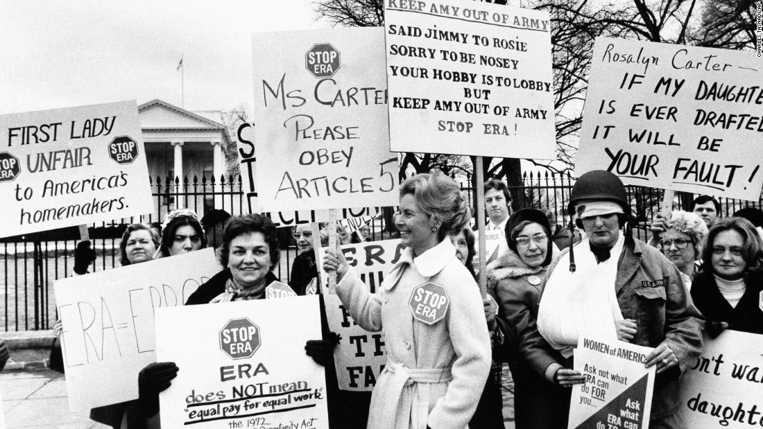 Schlafly led protests against the ERA, including this one at the White House in 1977. The group, about 200 strong, was protesting then-first lady Rosalyn Carter&#39;s campaign for the ERA. Amendment supporters like Eleanor Smeal, president of the Feminist Majority Foundation, say their real enemy was never Schlafly but big business and insurance companies.