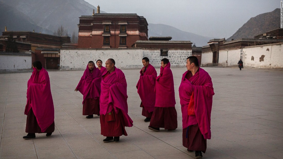 Monks of the Gelug, or &quot;Yellow Hat&quot; order, after morning prayers on March 3, 2015.