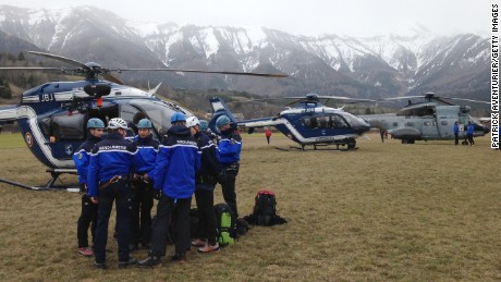  Gendarmerie and French mountain rescue teams arrive near the site of the Germanwings plane crash near the French Alps on March 24, 2015 in La Seyne les Alpes, France. 