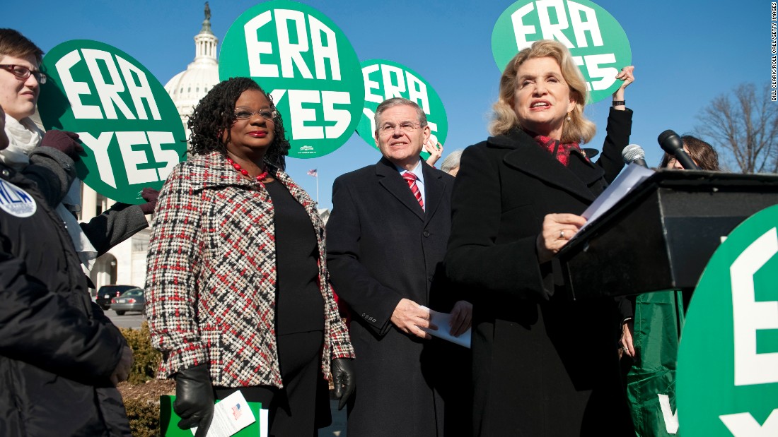 From left, Rep. Gwen Moore, Sen. Bob Menendez and Rep. Carolyn Maloney hold a news conference in 2010 outside the U.S. Capitol to call for passage of the ERA. The amendment has been introduced in nearly every session of Congress since 1923.