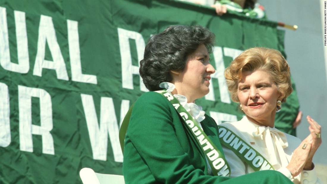 Eleanor Smeal, then-president of the National Organization for Women, left, and first lady Betty Ford attend an ERA rally on the steps of the Lincoln Memorial in 1981.