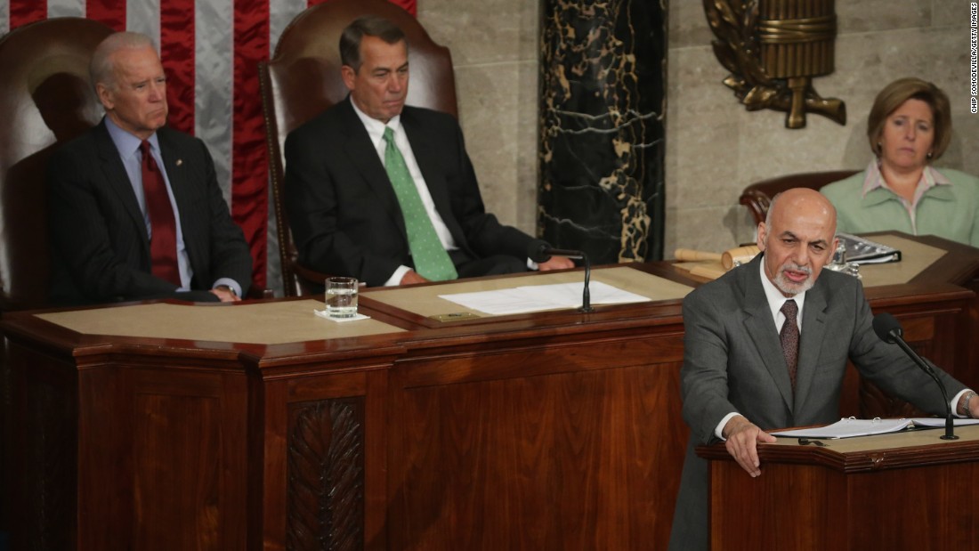 Afghanistan President Ashraf Ghani (right) expresses his country&#39;s gratitude for America&#39;s fiscal commitment and military sacrifices during an address to a joint meeting of the United States Congress with Vice President Joe Biden (left) and Speaker of the House John Boehner (R-OH) in the House Chamber of the U.S. Capitol March 25 in Washington.