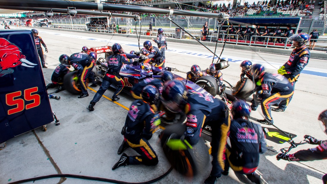 Teenager Max Verstappen takes a pit stop in the Toro Rosso on the way to his historic seventh place in Malaysia.