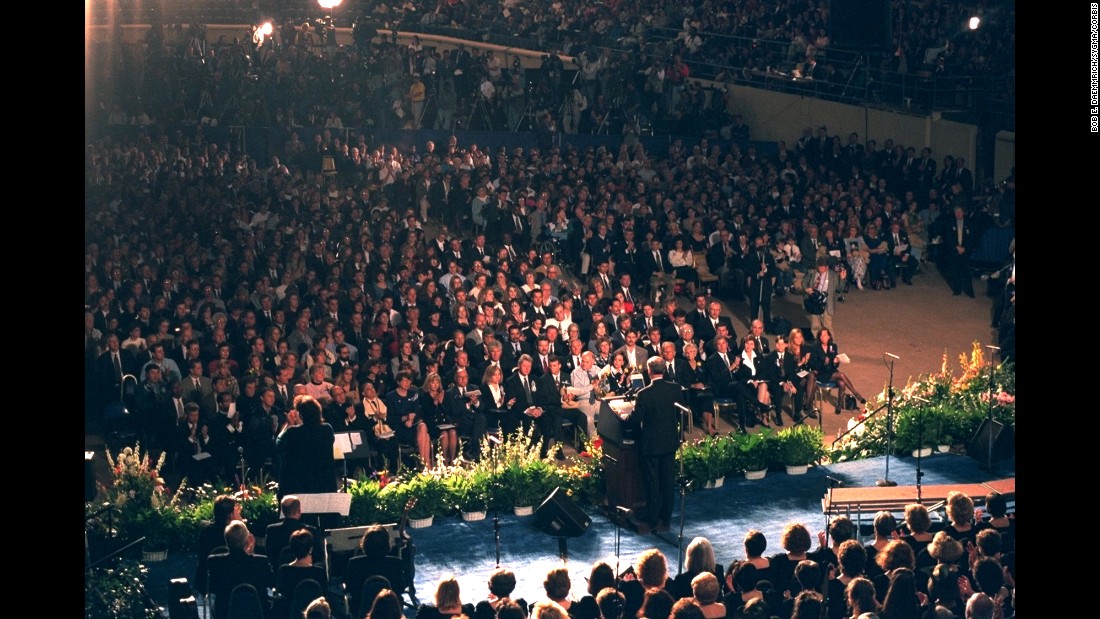 President Bill Clinton, seen in the front row with the first lady, attends a memorial service in Oklahoma City on April 23. &quot;We pledge to do all we can to help you heal the injured, to rebuild this city, and to bring to justice those who did this evil,&quot; he said.