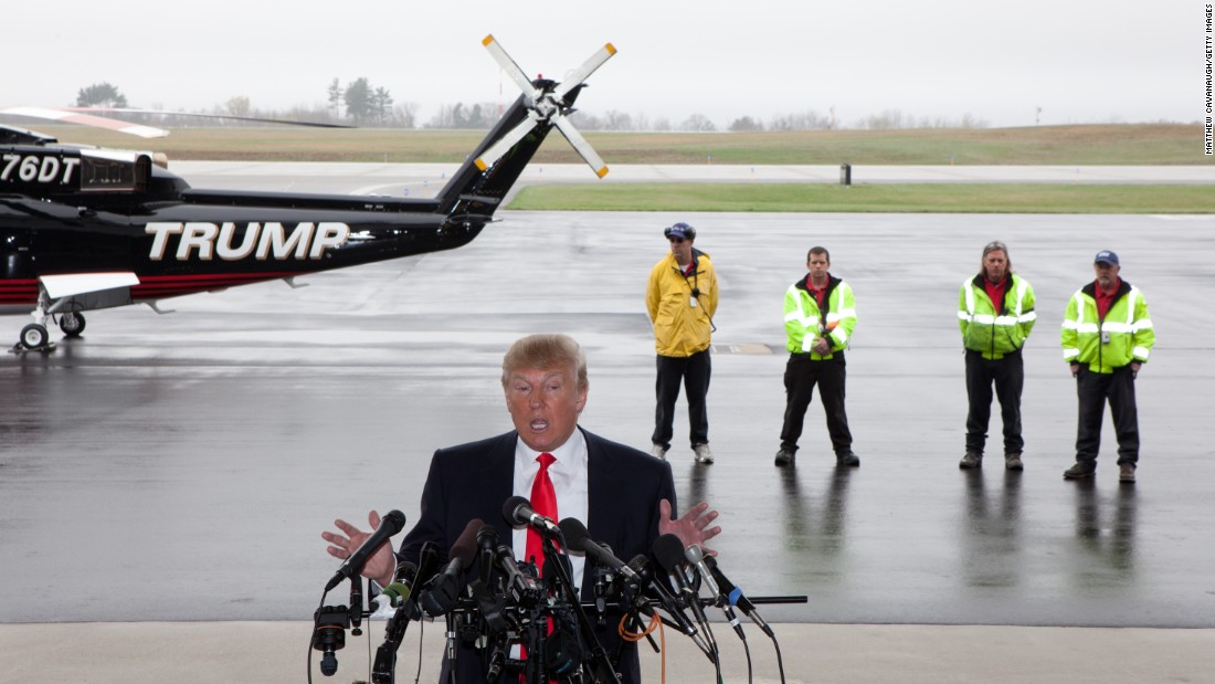 Trump speaks to the media at Pease International Tradeport on April 27, 2011, in Portsmouth, New Hampshire.