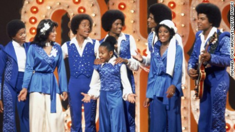 The Jacksons filmed a TV show at the Burbank, California studio on November 13, 1976. From left to right, Randy, Latoya, Malone, Janet, Michael, Jackie, Ruby, and Tito. 
