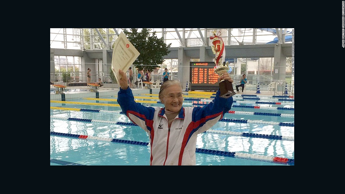 Mieko Nagaoka, a 100-year-old Japanese woman who became the world&#39;s first centenarian to complete a 1,500-meter freestyle swim, hopes to swim until she is 105. She took up swimming&lt;a href=&quot;http://edition.cnn.com/2015/04/06/sport/100-year-old-swimmer-record-holder/&quot;&gt; at age 80&lt;/a&gt; to help with a knee problem. She credits the exercise with her healthy and long life. She trains four days a week. 