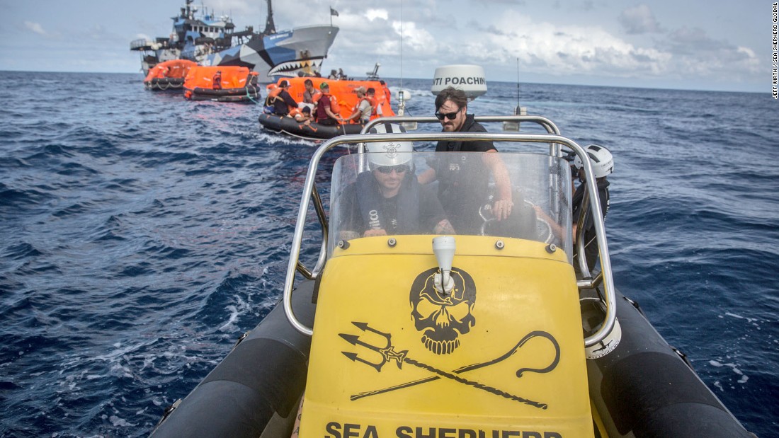 Sea Shepherd crew tow a convoy of life rafts back to the safety of their ship.