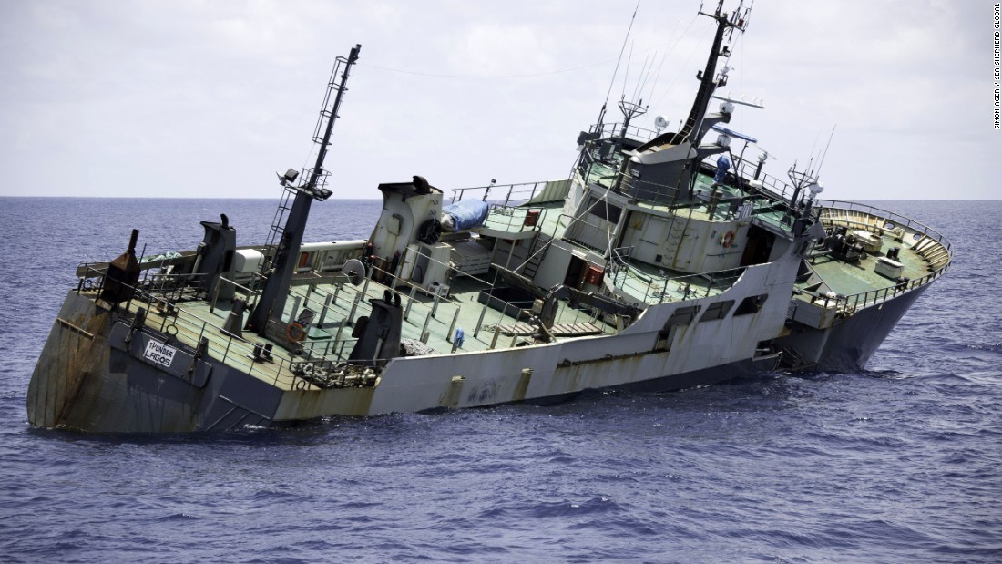 The Thunder lists dramatically to the starboard side as it takes on water. The captain of the Sea Shepherd vessel that came to the rescue told CNN that he believed that the Thunder was deliberately sunk to destroy evidence of illegal fishing.