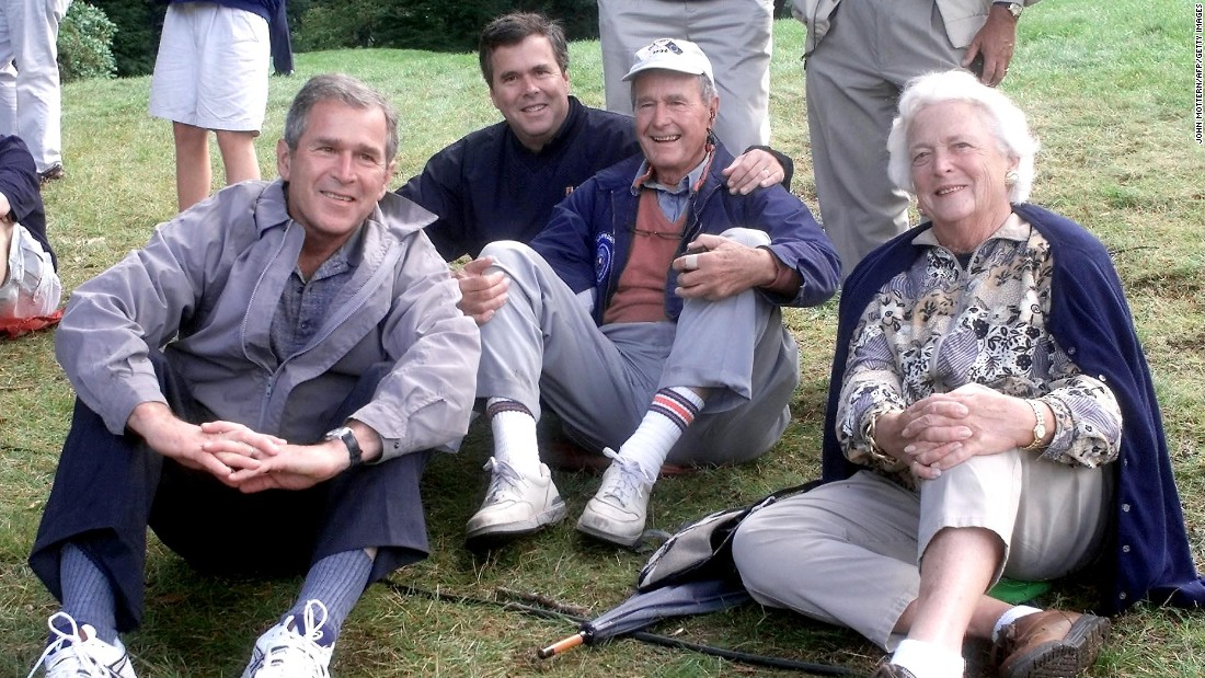 George H.W. Bush was elected president in 1988, and his son George W. Bush was elected in 2000. Now, the son of the 41st president and the brother of the 43rd, former Florida Gov. Jeb Bush, is exploring a run to become the nation&#39;s 45th president. Pictured from left to right, George W. Bush, Jeb Bush, George H.W. Bush and Barbara Bush take a load off their feet.