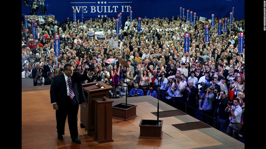 Christie takes the stage to deliver the keynote address at the Republican National Convention on August 28, 2012, in Tampa, Florida.