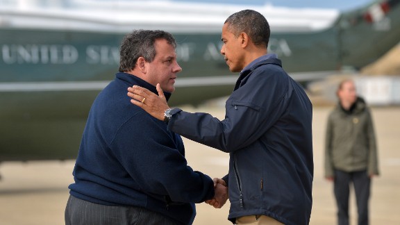 Christie greets President Barack Obama on his arrival in Atlantic City, New Jersey, on October 31, 2012, to visit areas hit by Superstorm Sandy. Christie was later criticized  by some in his party for his warm welcome of Obama.