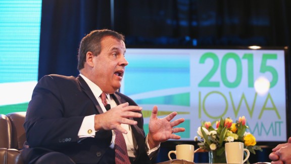 Christie takes questions from Bruce Rastetter at the Iowa Ag Summit on March 7 in Des Moines, Iowa.
