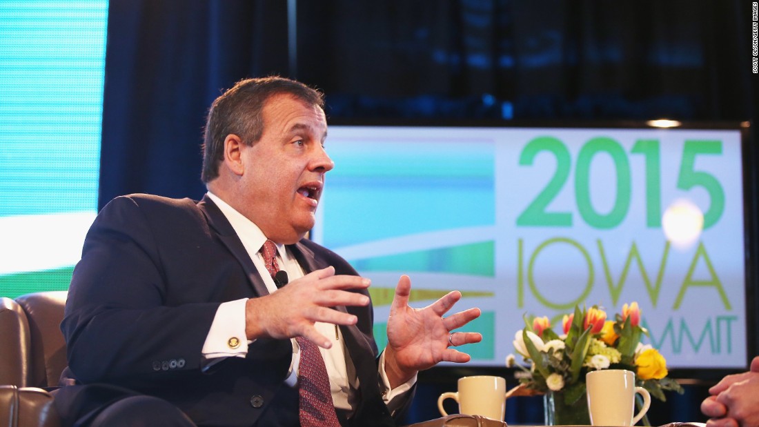 Christie takes questions from Bruce Rastetter at the Iowa Ag Summit on March 7 in Des Moines, Iowa.