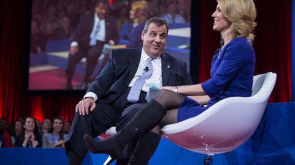 Christie jokes with host Laura Ingraham as he addresses the annual Conservative Political Action Conference at National Harbor, Maryland, on February 26.