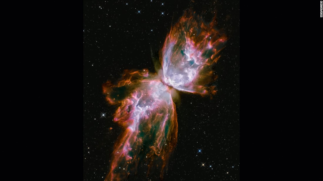 The Bug, or Butterfly Nebula looks like a butterfly with its wings stretching across the galaxy. It&#39;s actually a cloud of roiling gas shed by a dying star. Scientists say the gas is more than 36,000 degrees Fahrenheit and is expanding into space at more than 600,000 miles an hour. This image was taken with Hubble&#39;s Wide Field Camera 3, a camera installed on Hubble during its May 2009 upgrade by shuttle astronauts. The nebula is about 3,800 light years away in the constellation Scorpius. 