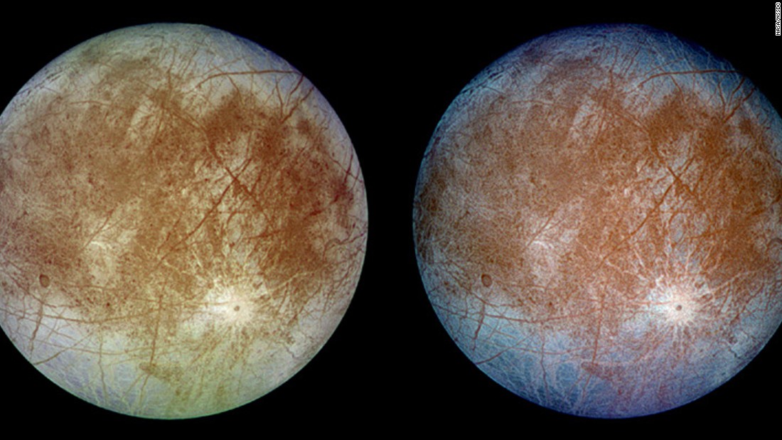 The trailing hemisphere (the side that faces away from its direction of motion) of Jupiter&#39;s moon Europa was captured by the Galileo spacecraft. The left image shows Europa in approximately true color and the right image shows Europa in enhanced color to bring out details. NASA data suggest that Europa has a subsurface ocean. 